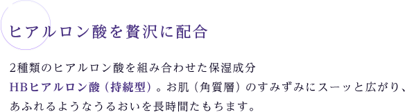 ヒアルロン酸を贅沢に配合 2種類のヒアルロン酸を組み合わせた保湿成分HBヒアルロン酸（持続型）。お肌（角質層）のすみずみにスーッと広がり、あふれるようなうるおいを長時間たもちます。