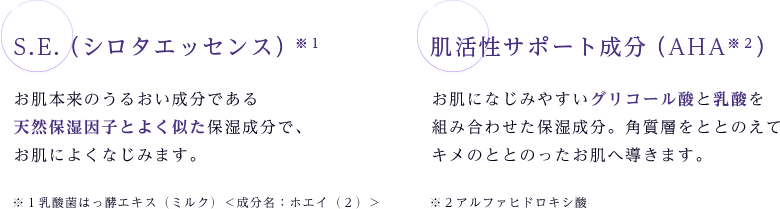 S.E.（シロタエッセンス）※１ お肌本来のうるおい成分である 天然保湿因子とよく似た保湿成分で、 お肌によくなじみます。※１乳酸菌はっ酵エキス（ミルク）＜成分名：ホエイ（２）＞ 肌活性サポート成分（AHA※２）お肌になじみやすいグリコール酸と乳酸を組み合わせた保湿成分。角質層をととのえてキメのととのったお肌へ導きます。※２アルファヒドロキシ酸