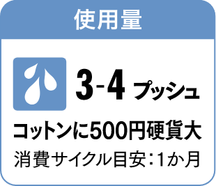 使用量 3〜4プッシュ コットンに500円硬貨大 消費サイクル目安：1か月