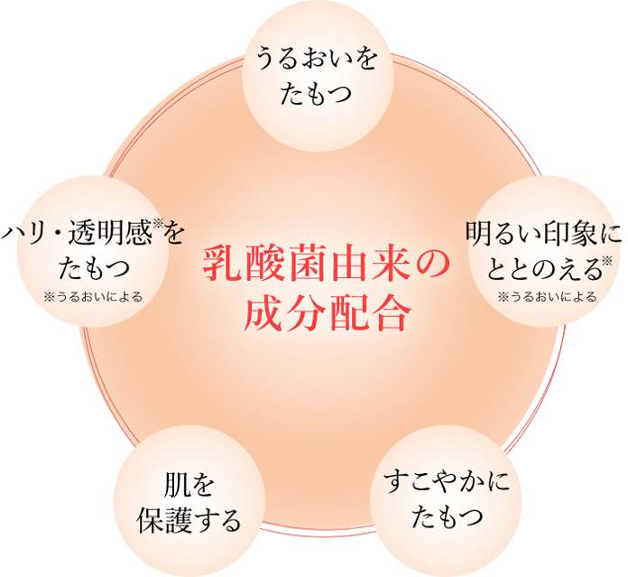 乳酸菌由来の成分配合 うるおいをたもつ 明るい印象にととのえる※ ※うるおいによる すこやかにたもつ 肌を保護する ハリ・透明感※をたもつ ※うるおいによる