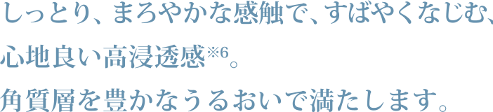 しっとり、まろやかな感触で、スーッとしみわたるようになじむ、心地良い高浸透感※6。 角質層を豊かなうるおいで満たします。