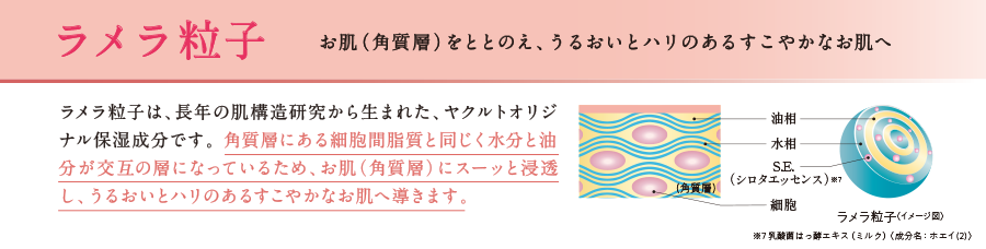 ラメラ粒子 お肌(角質層)をととのえ、うるおいとハリのあるすこやかなお肌へ ラメラ粒子は、長年の肌構造研究から生まれた、ヤクルトオリジナル保湿成分です。角質層にある細胞間脂質と同じく水分と油分が交互の層になっているため、お肌(角質層)にスーッと浸透し、うるおいとハリのあるすこやかなお肌へ導きます。