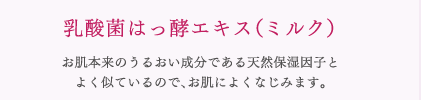 乳酸菌はっ酵エキス（ミルク） お肌本来のうるおい成分である天然保湿因子とよく似ているので、お肌によくなじみます。