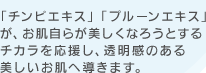 「チンピエキス」「プルーンエキス」
が、お肌自らが美しくなろうとする
チカラを応援し、透明感のある
美しいお肌へ導きます。