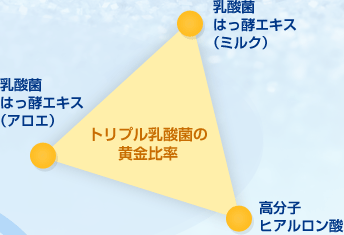 乳酸菌はっ酵エキス（ミルク）　乳酸菌はっ酵エキス（アロエ）　高分子ヒアルロン酸　トリプル乳酸菌の黄金比率