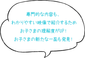 専門的な内容も、わかりやすい映像で紹介するためお子様の理解度がUP！お子様の新たな一面も発見！