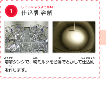 1.仕込乳溶解　溶解タンクで、粉ミルクをお湯でとかして仕込乳を作ります。